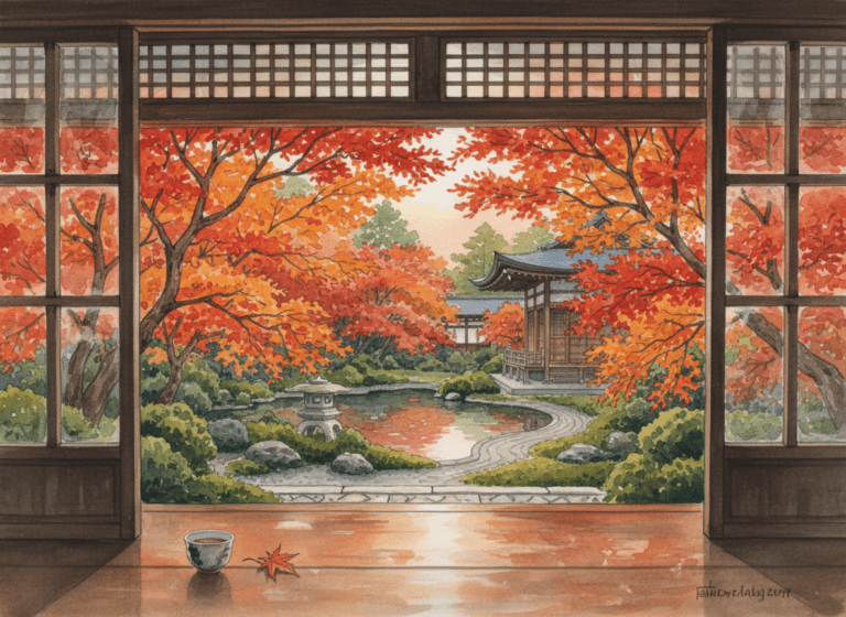窓越しの秋景：古都の寺院庭園 水彩画