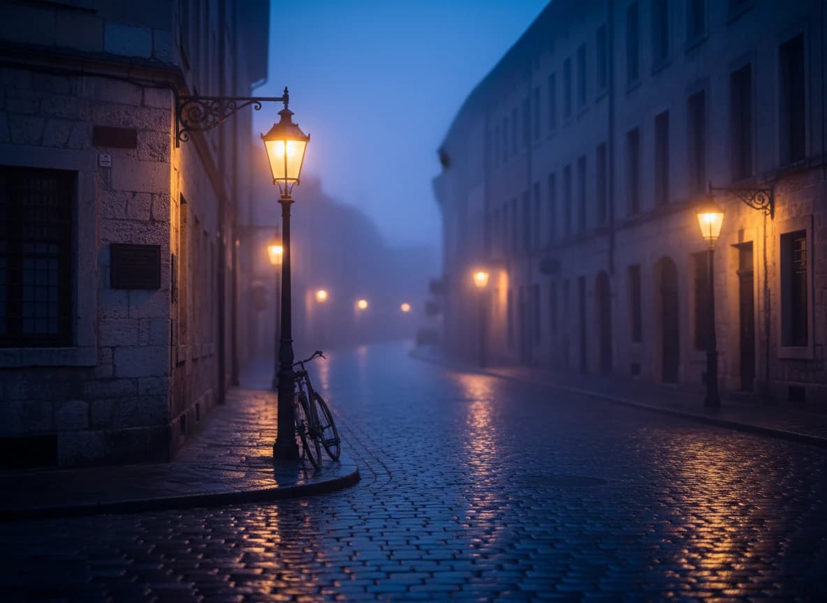 Blue Hour Enchantment: Gaslights Ignite the Street Corner!