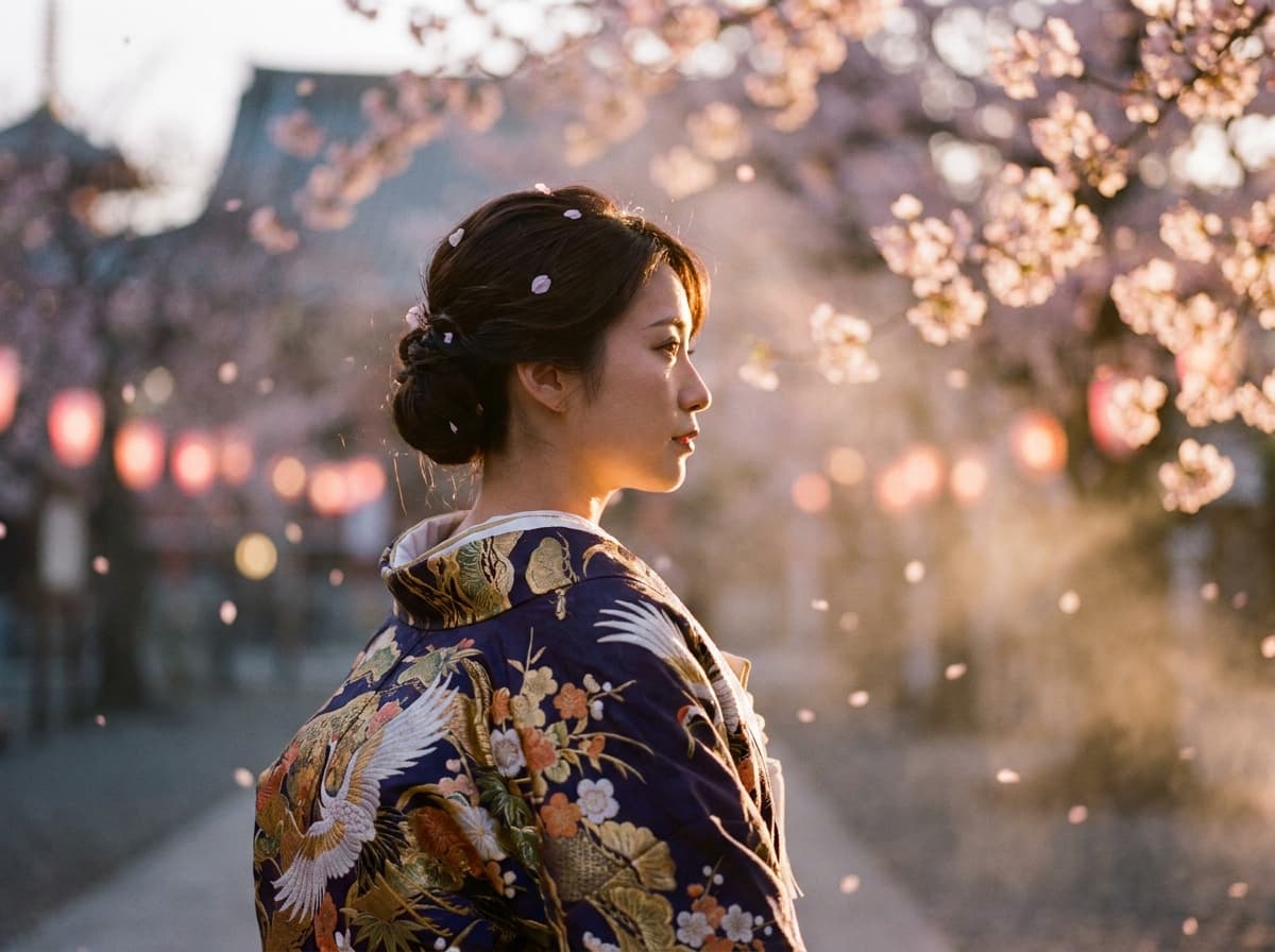 桜舞う夕暮れ：和装美人の春のポートレート