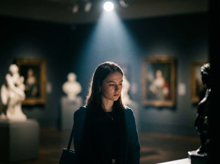 薄暗いギャラリーのシネマティック・スポットライトポートレート