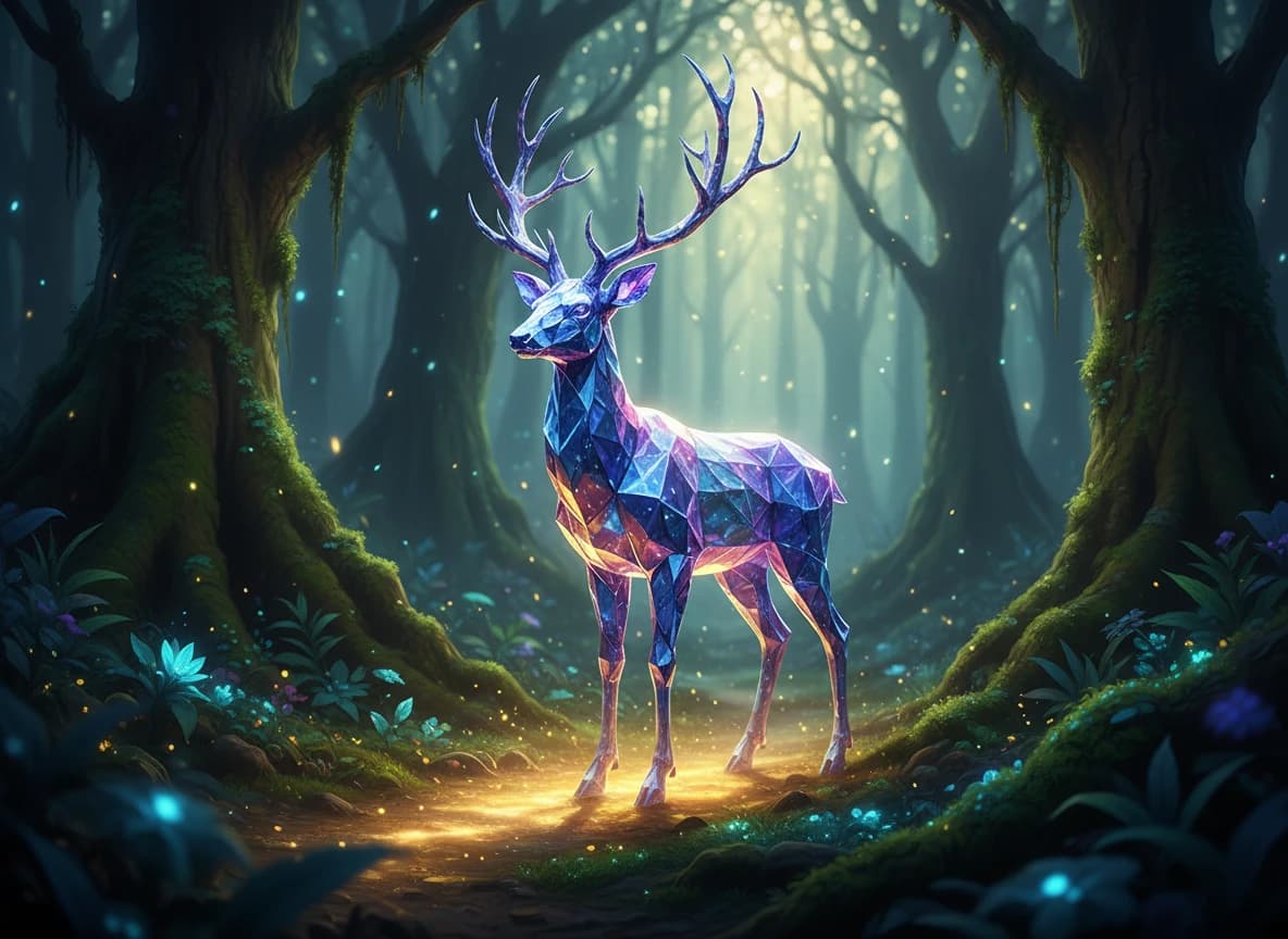 クリスタルの鹿が導く！森の輝く生命の道