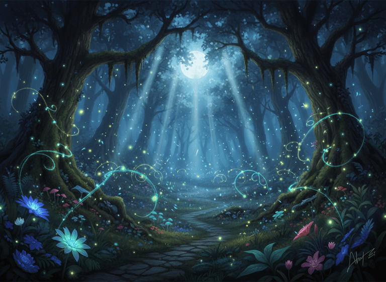 幻想的な森の夜：千の蛍が舞う