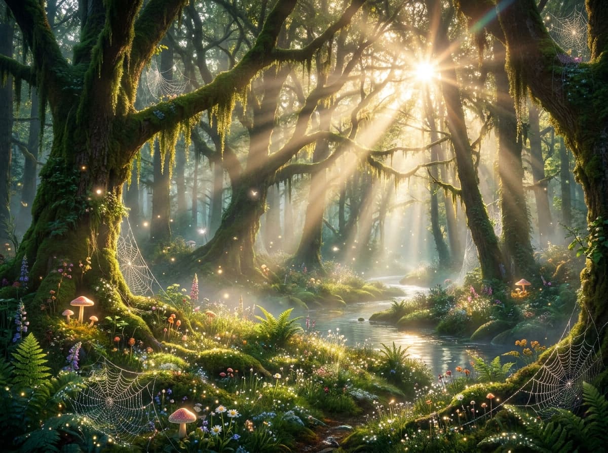 幻想的な光が降り注ぐ朝露の妖精の森