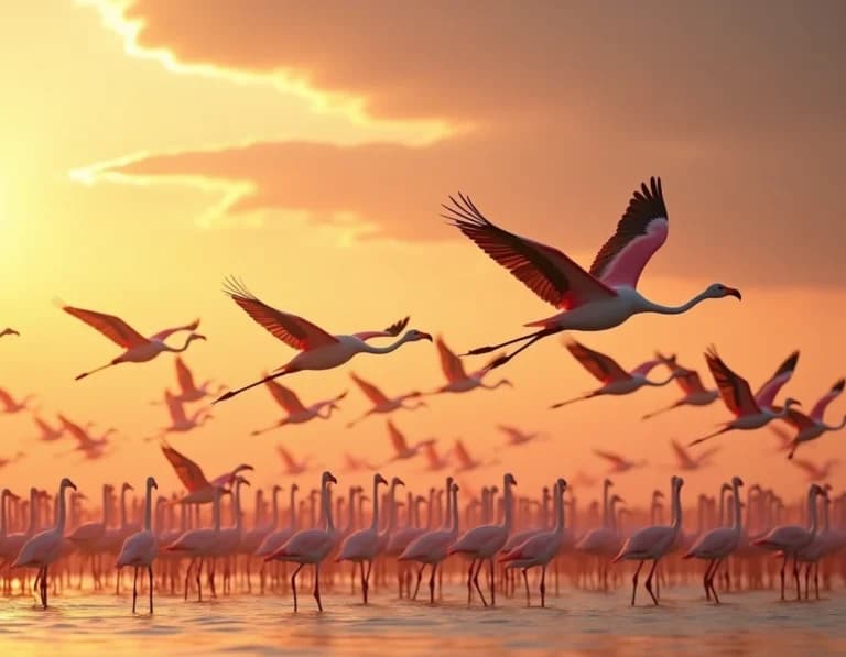ピンクの爆発 — 湖面を駆けるフラミンゴの群れ