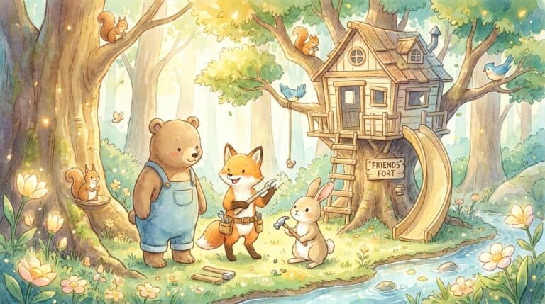 森の動物たちの夢のツリーハウス（水彩絵本風）