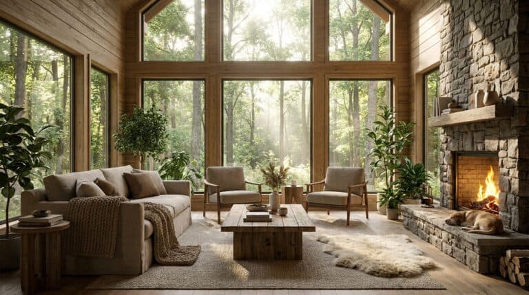 森の隠れ家リビングルーム：建築パース