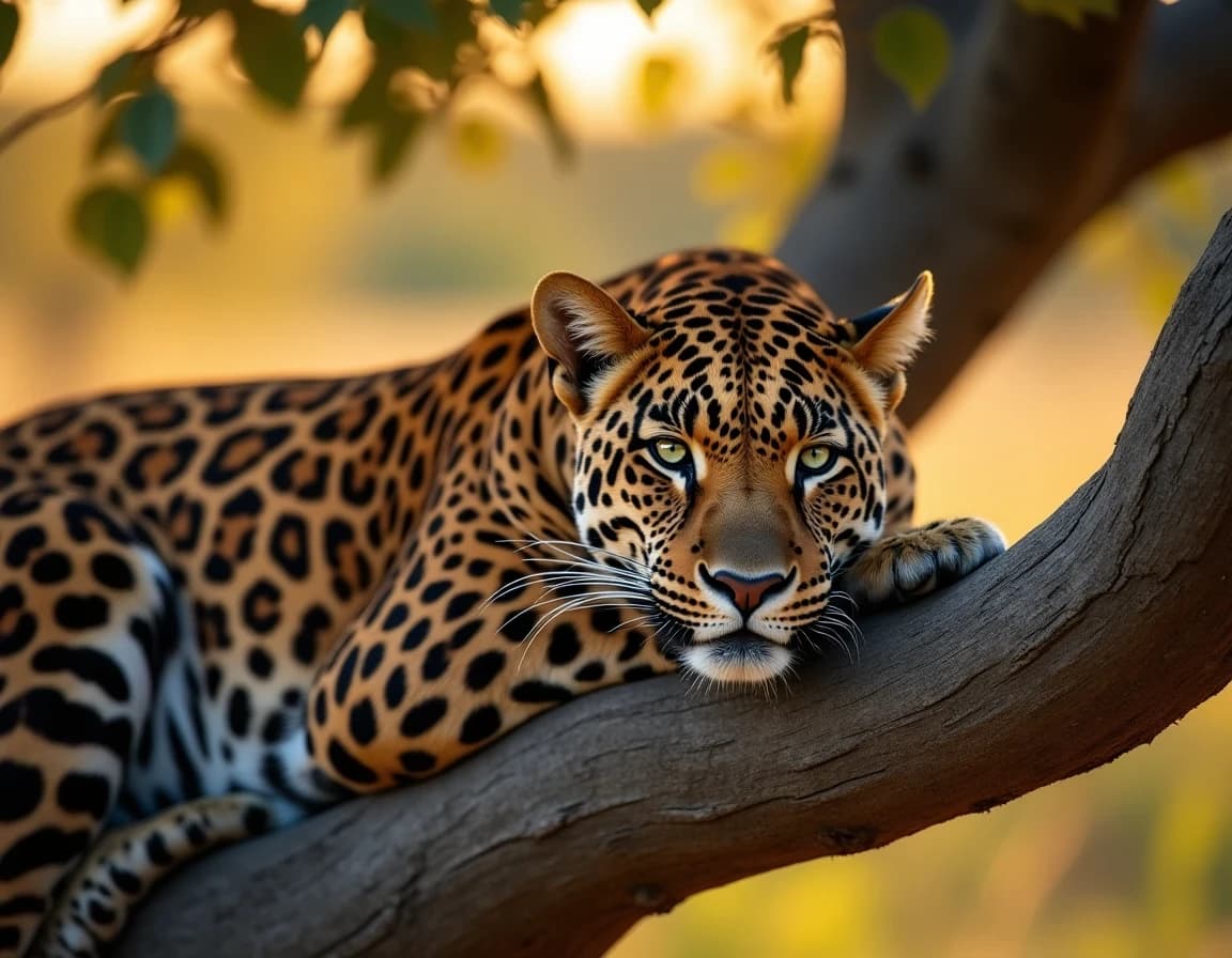 夕陽が漏れる、木陰の豹