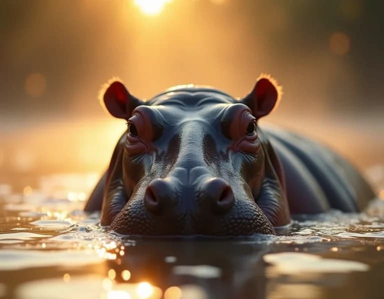 朝もや裂く巨顔 — カバ浮上