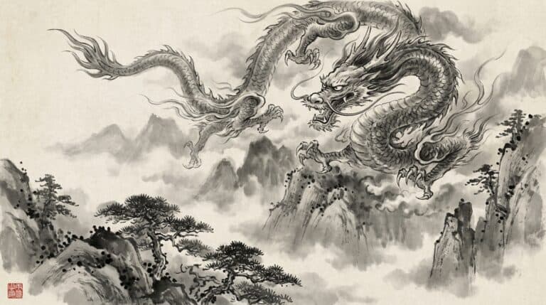山霧にたたずむ水墨画の龍