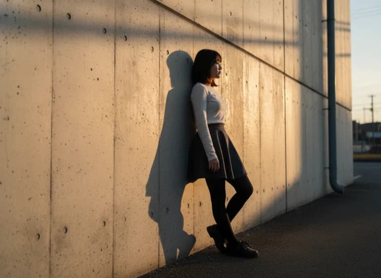 壁にもたれる長い影、夕暮れがそっと語りかける