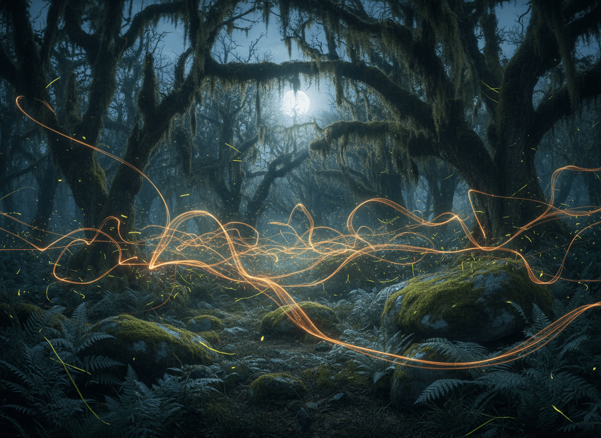 月明かりと蛍の光跡、神秘の森