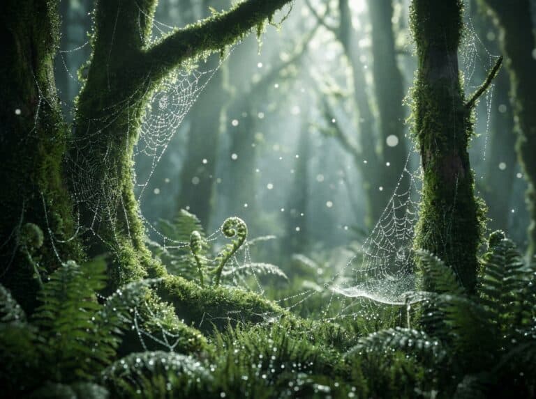朝露きらめく神秘の森：幻想的な光