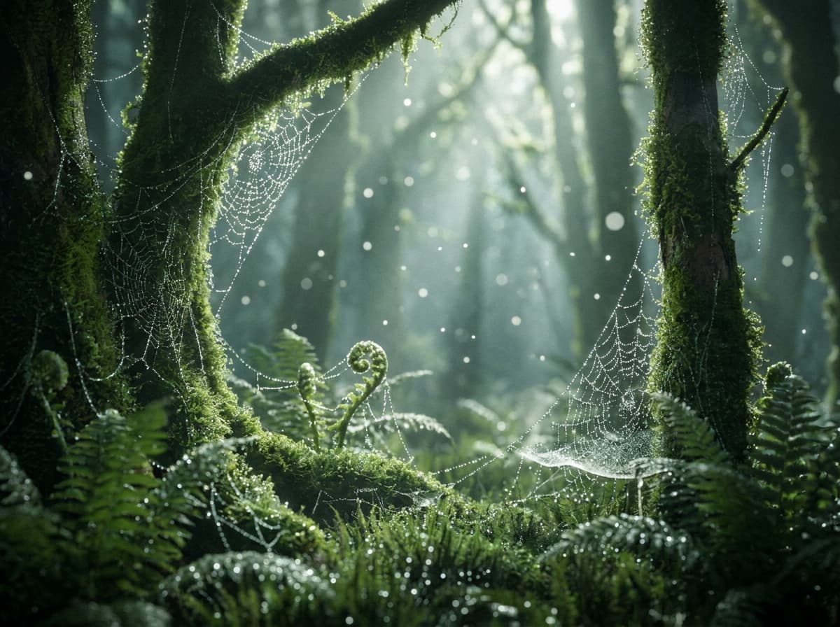朝露きらめく神秘の森：幻想的な光