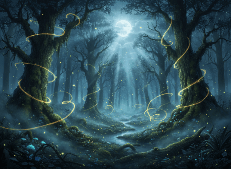 幻想的な森の夜：蛍が舞う光景