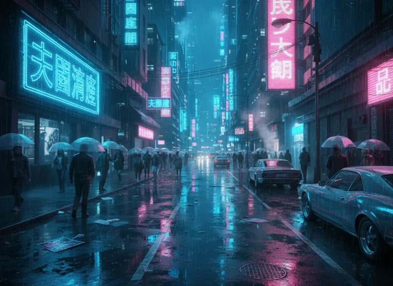 ネオンが街を彩る！雨夜の反射が魅せる