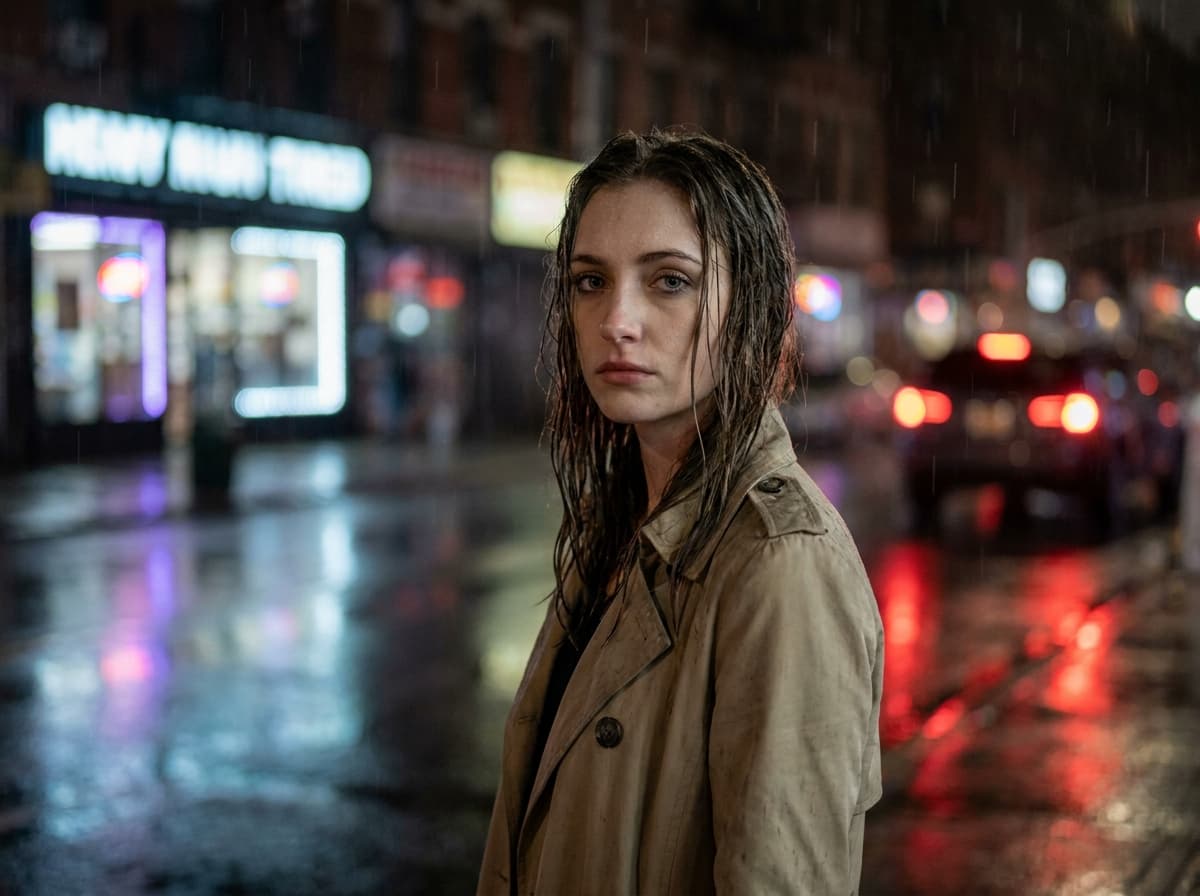 雨上がりの都市夜景：シネマティックポートレート