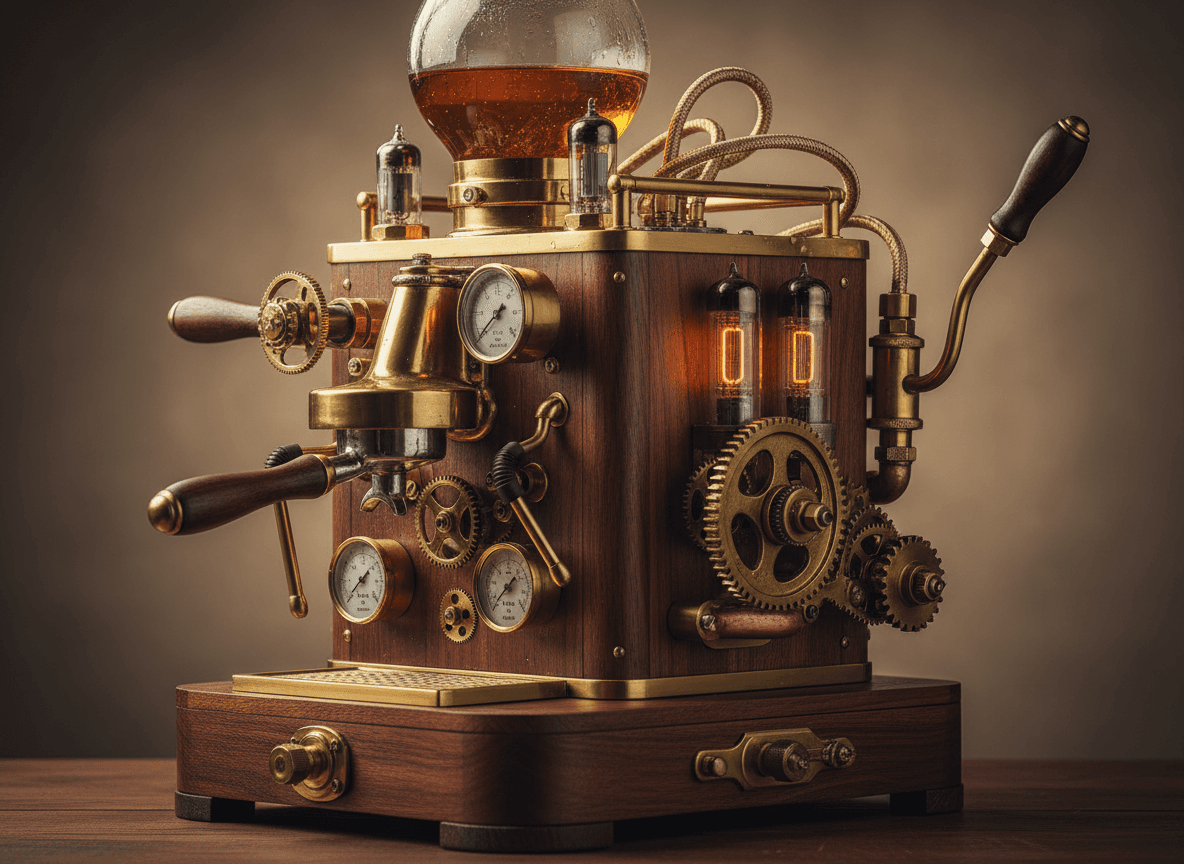 Retro-Futuristic Brass Espresso Machine with Steampunk Elements