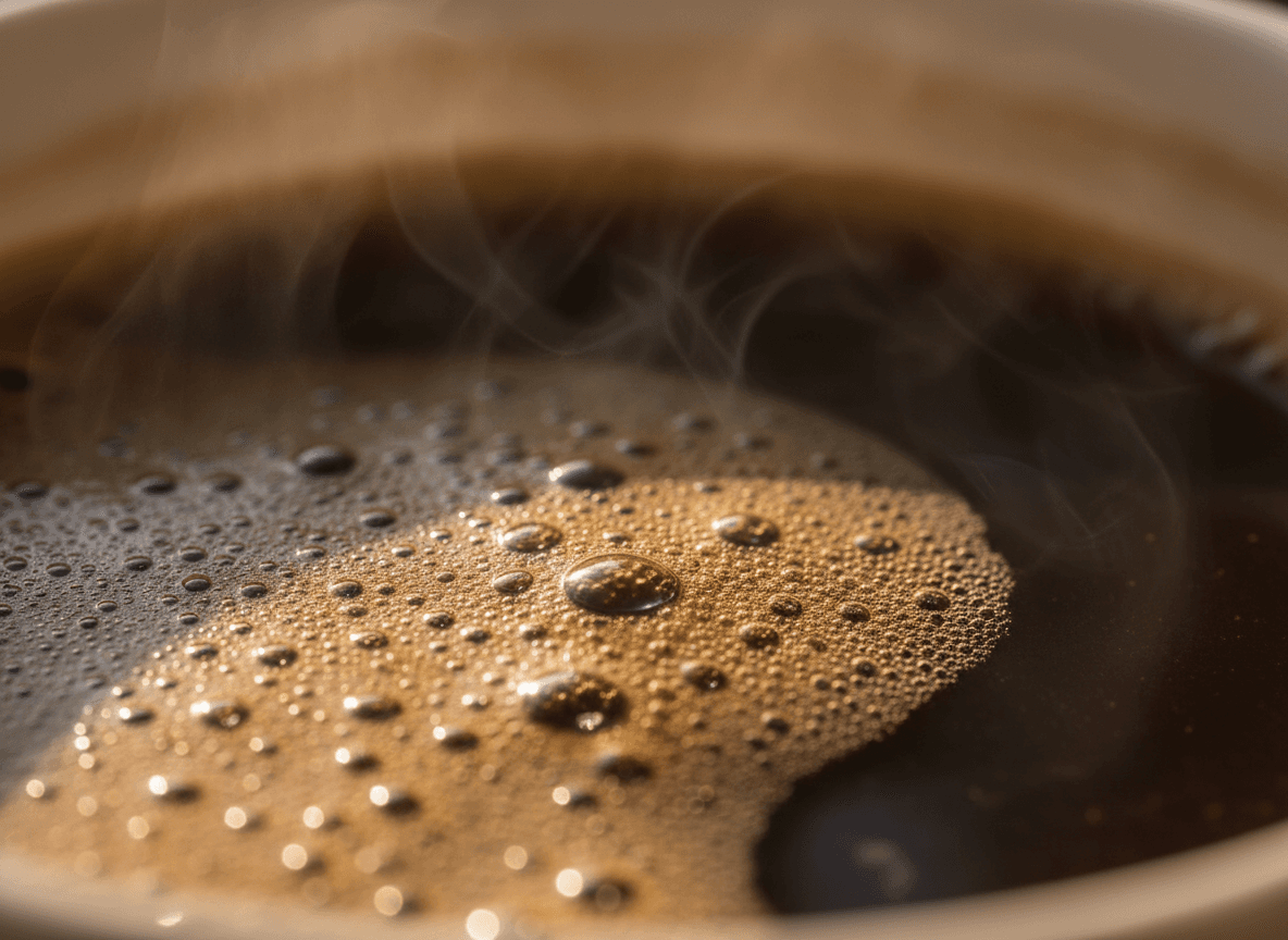 湯気立つコーヒーの泡、マクロクローズアップ