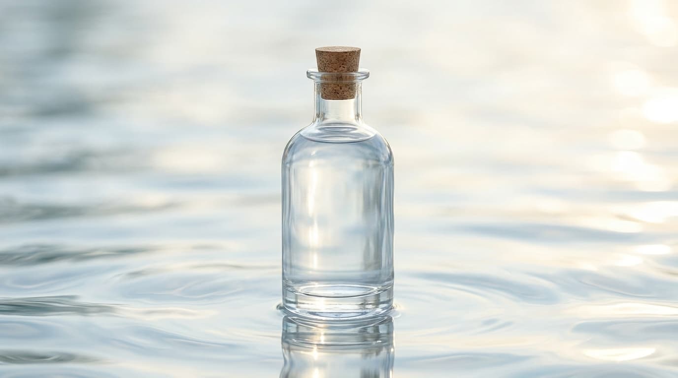 透明ボトルと水面のきらめき：EC商品背景