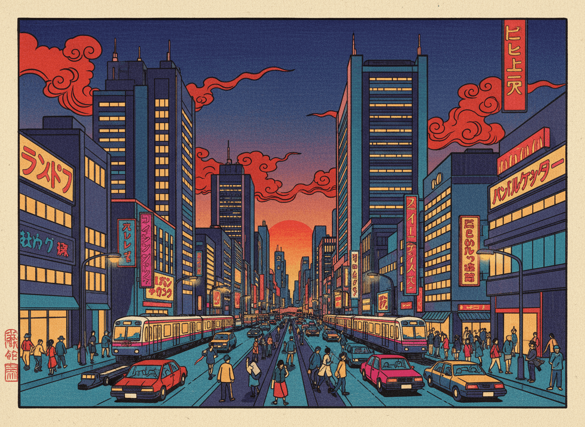 Paisajes Urbanos Modernos en Estilo Ukiyo-e con IA