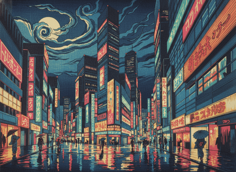 浮世絵風 現代のビル群の夜景