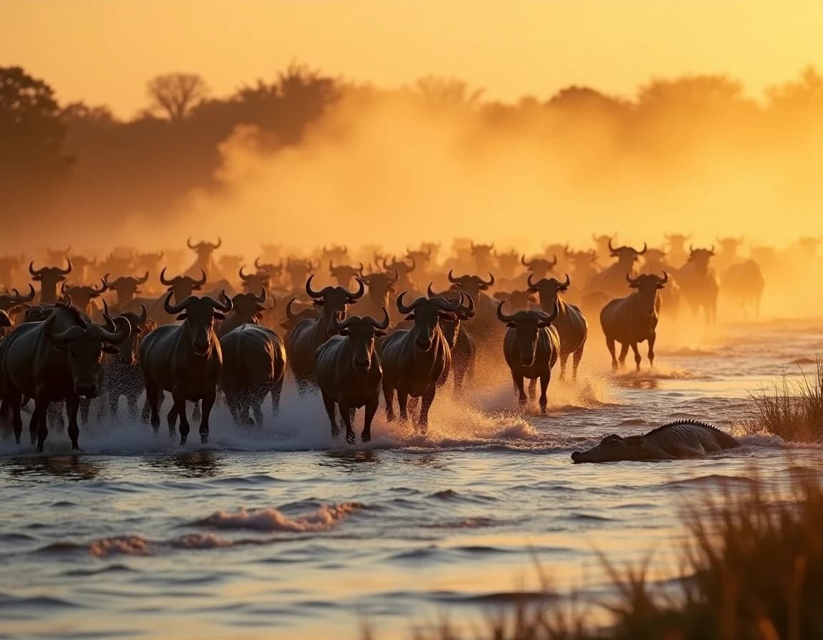命の渡河 — ヌー大群が激流を裂く