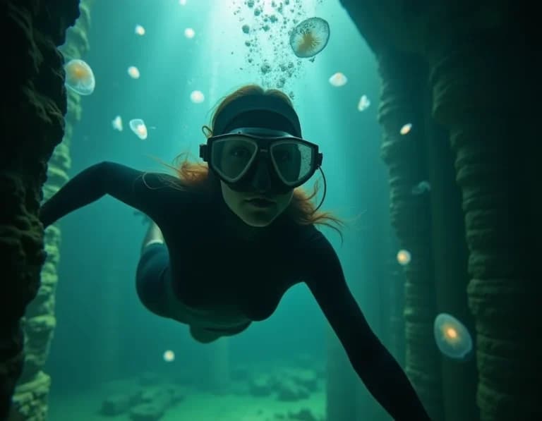 深海神殿×生物発光クラゲの水中AI生成作例プロンプト