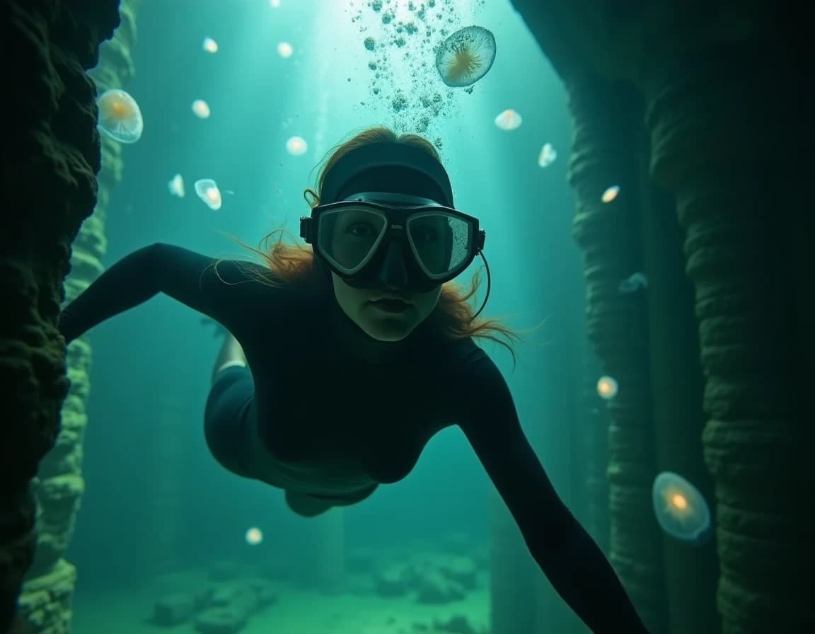 深海神殿×生物発光クラゲの水中AI生成作例プロンプト