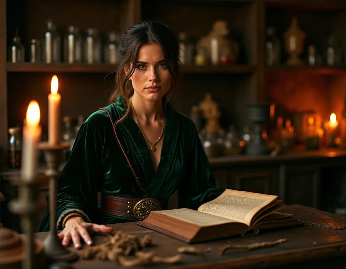 Prompt IA: Mujer alquimista con vela en estudio oscuro