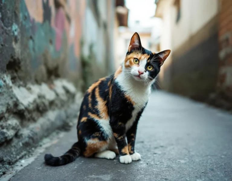 路地裏の三毛猫AIプロンプト作例｜アスファルト質感リアル写真風