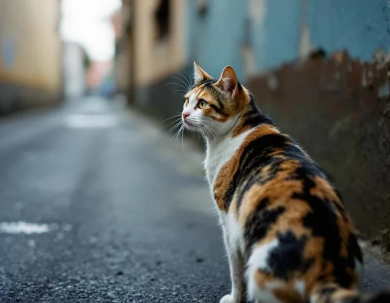 路地裏の三毛猫・ドキュメンタリー写真風AI生成プロンプト作例