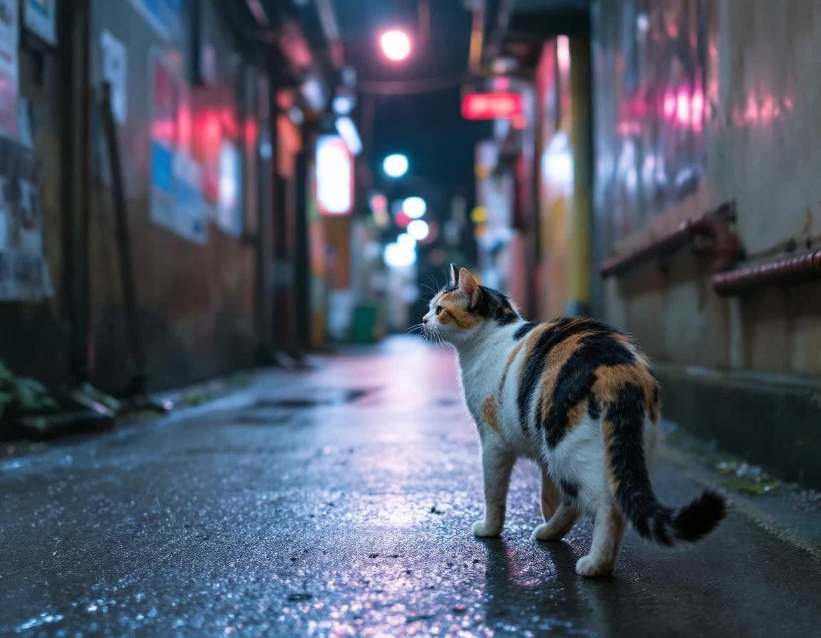 Gato callejero nocturno: prompt de foto urbana generado con IA