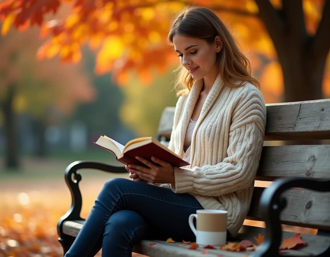 Mujer leyendo en parque otoñal — prompt de foto con IA