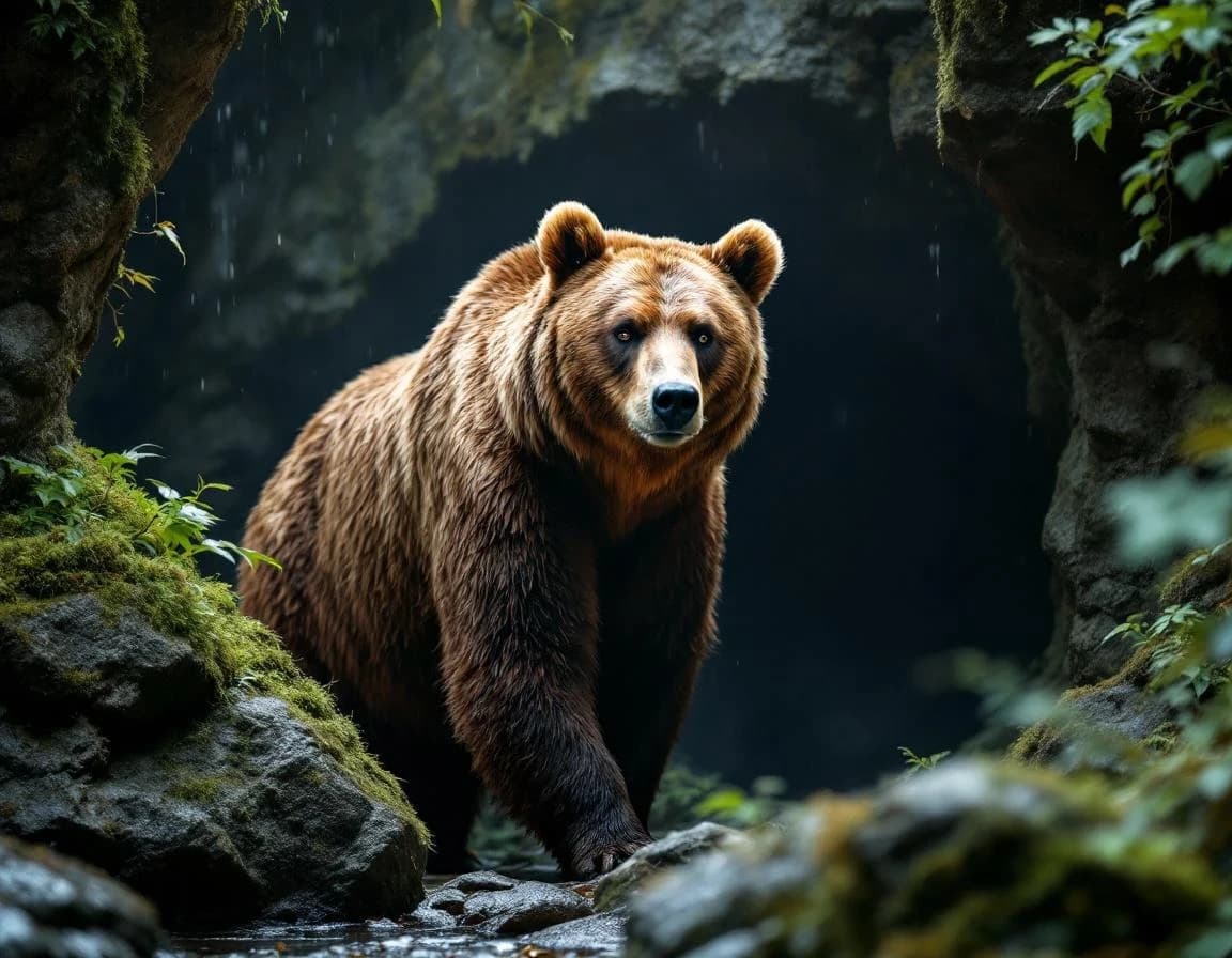 Brown Bear Cave Entrance Rain Forest — AI Photo Prompt