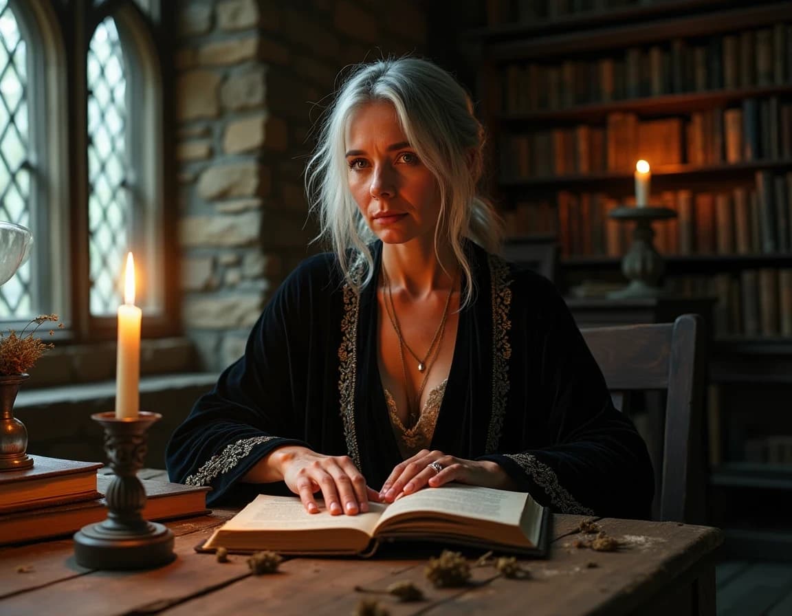 Retrato de bruja a la luz de velas – prompt de IA estilo dark academia