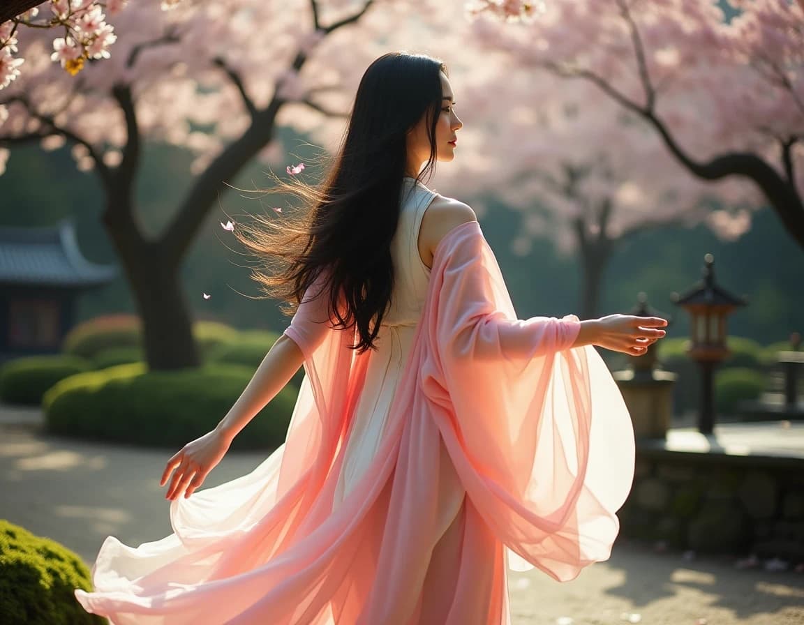 Doncella Celestial y Sakura – Prompt AI Fotorrealista
