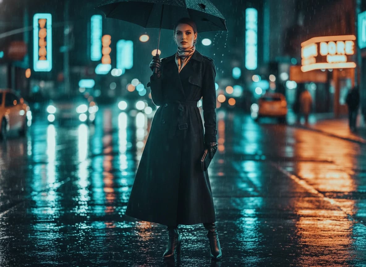 都市夜景に映える！ティール&オレンジが描く女性