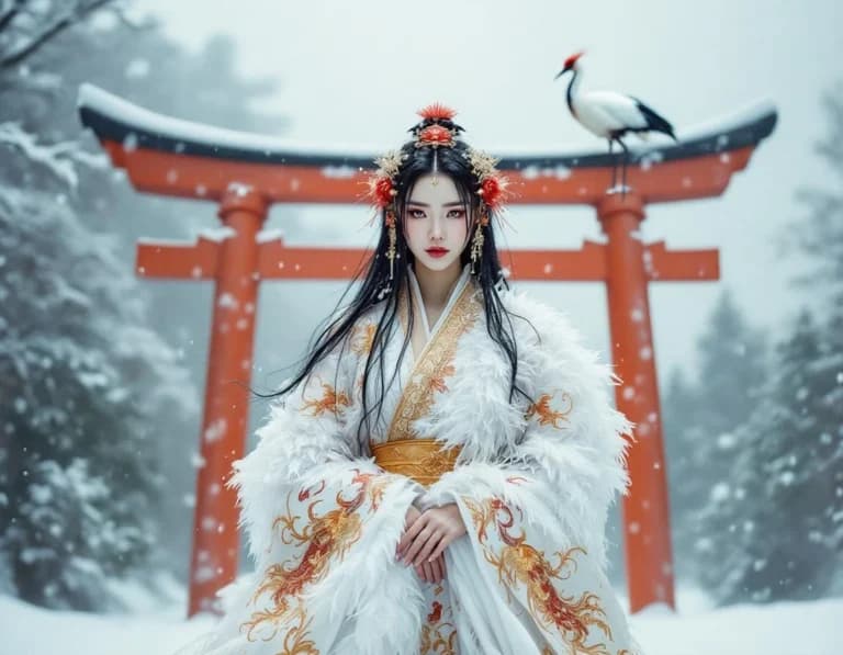 鶴の精霊×朱鳥居×雪景色｜和風ファンタジー写真AI生成プロンプト作例