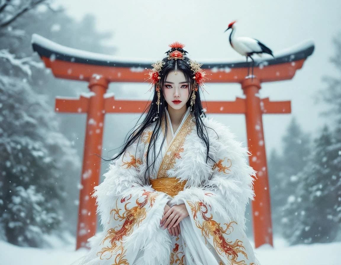 Espíritu Grulla y Torii en Nieve — Prompt de Foto Fantasy Generada con IA
