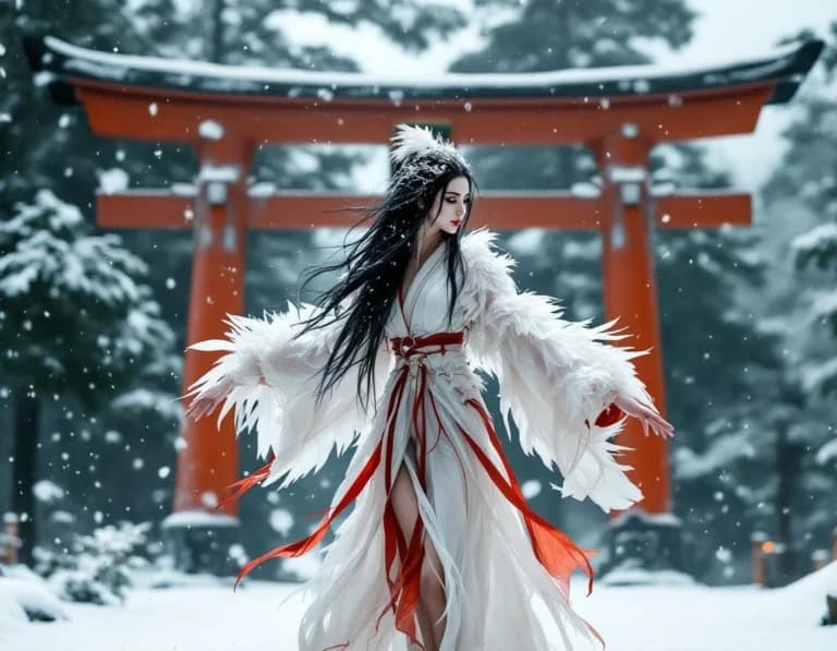 朱の鳥居×鶴の精霊｜和風ファンタジーAI生成作例プロンプト