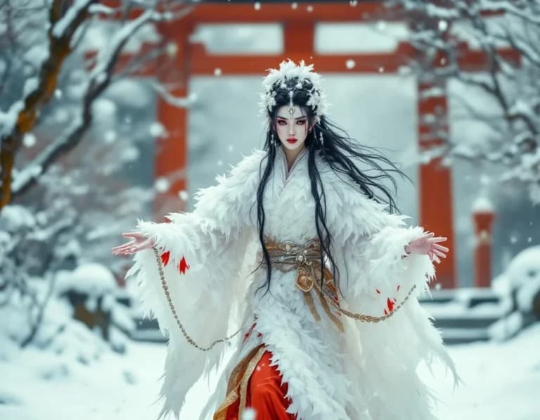雪原の鶴の精霊AI生成作例｜神社幻想プロンプト