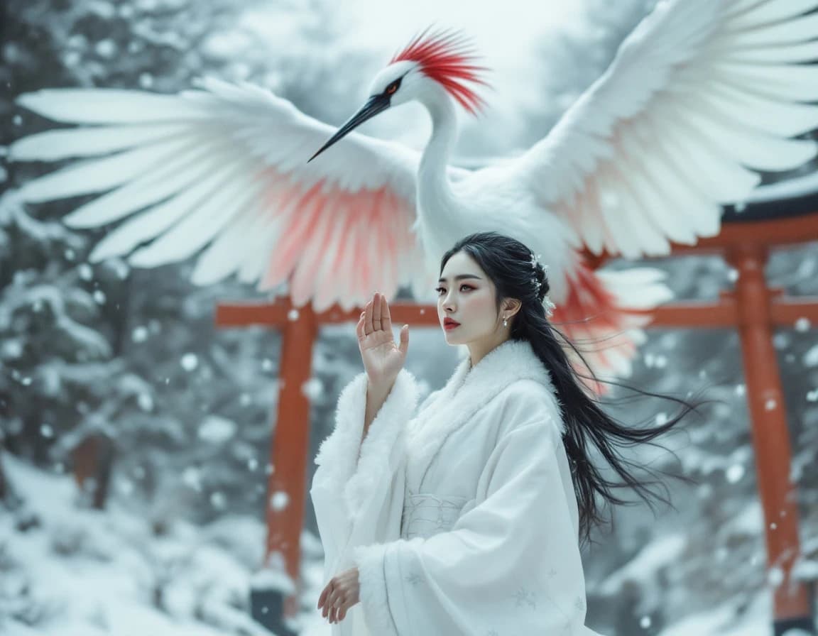 Crane Spirit & Red Torii in Snow — AI-Generated Fantasy Photo Prompt