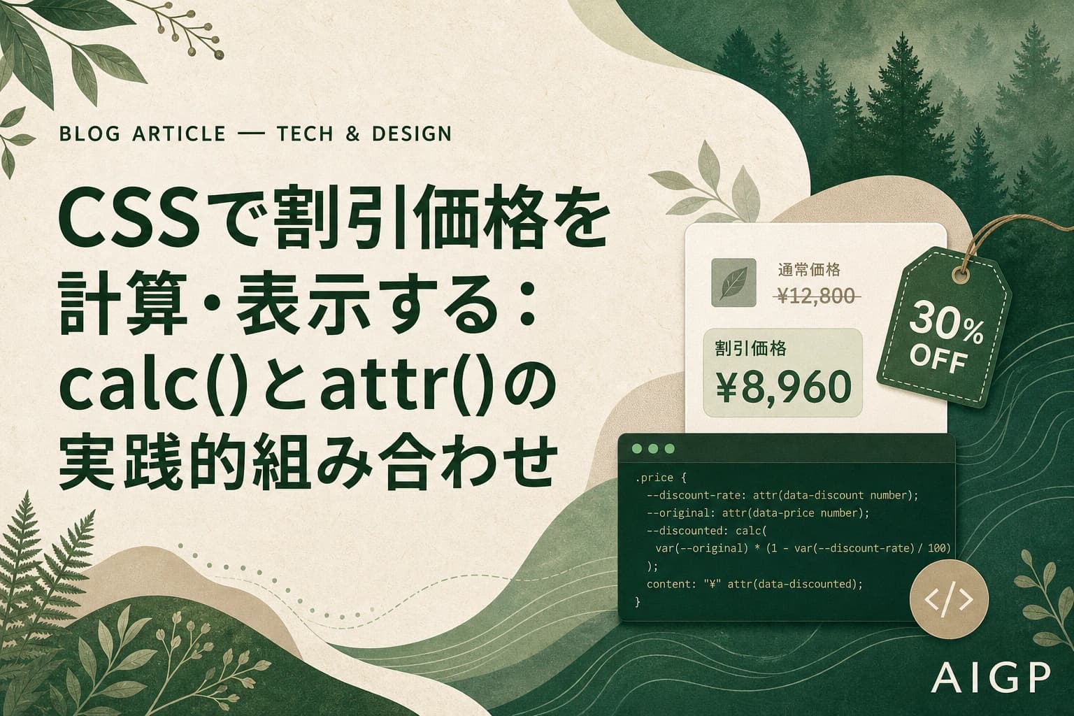 CSSのcalc()とattr()で割引価格を計算する作例とプロンプト