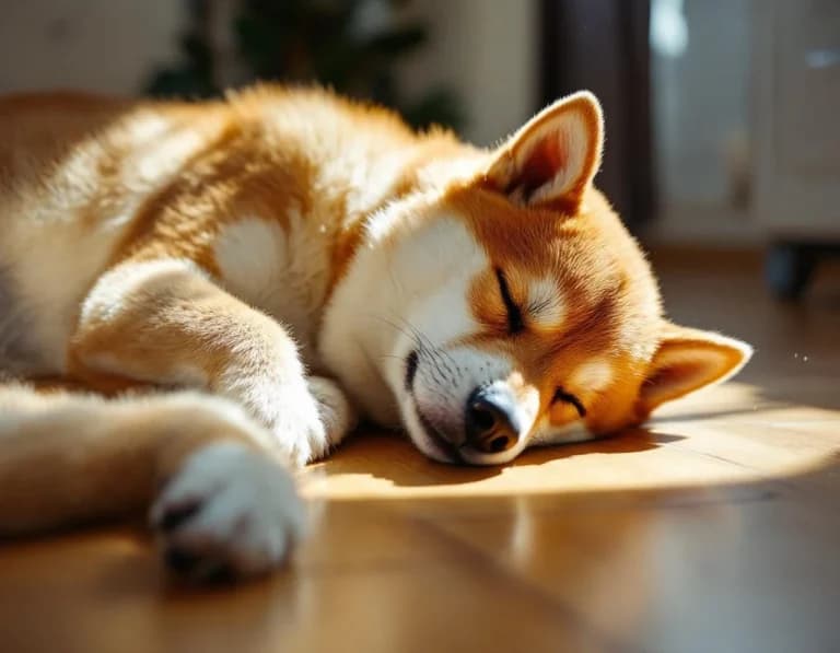 朝の台所で丸まる柴犬｜ドキュメンタリー風AI写真プロンプト作例
