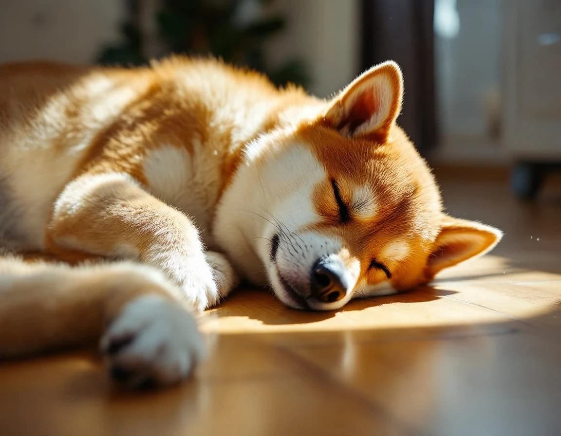 Shiba Inu dormido en cocina matinal — prompt de foto IA