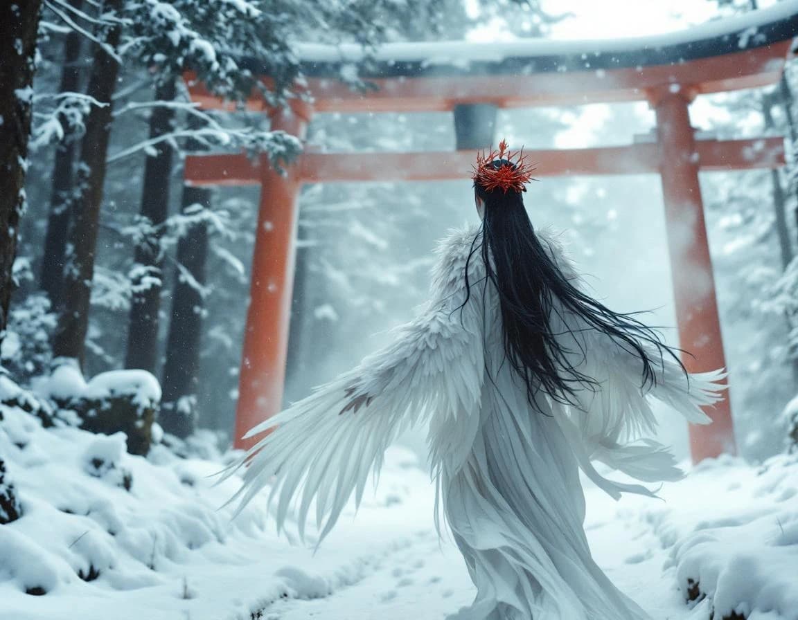 鶴の精霊×雪の鳥居｜和風ファンタジーAI生成プロンプト作例