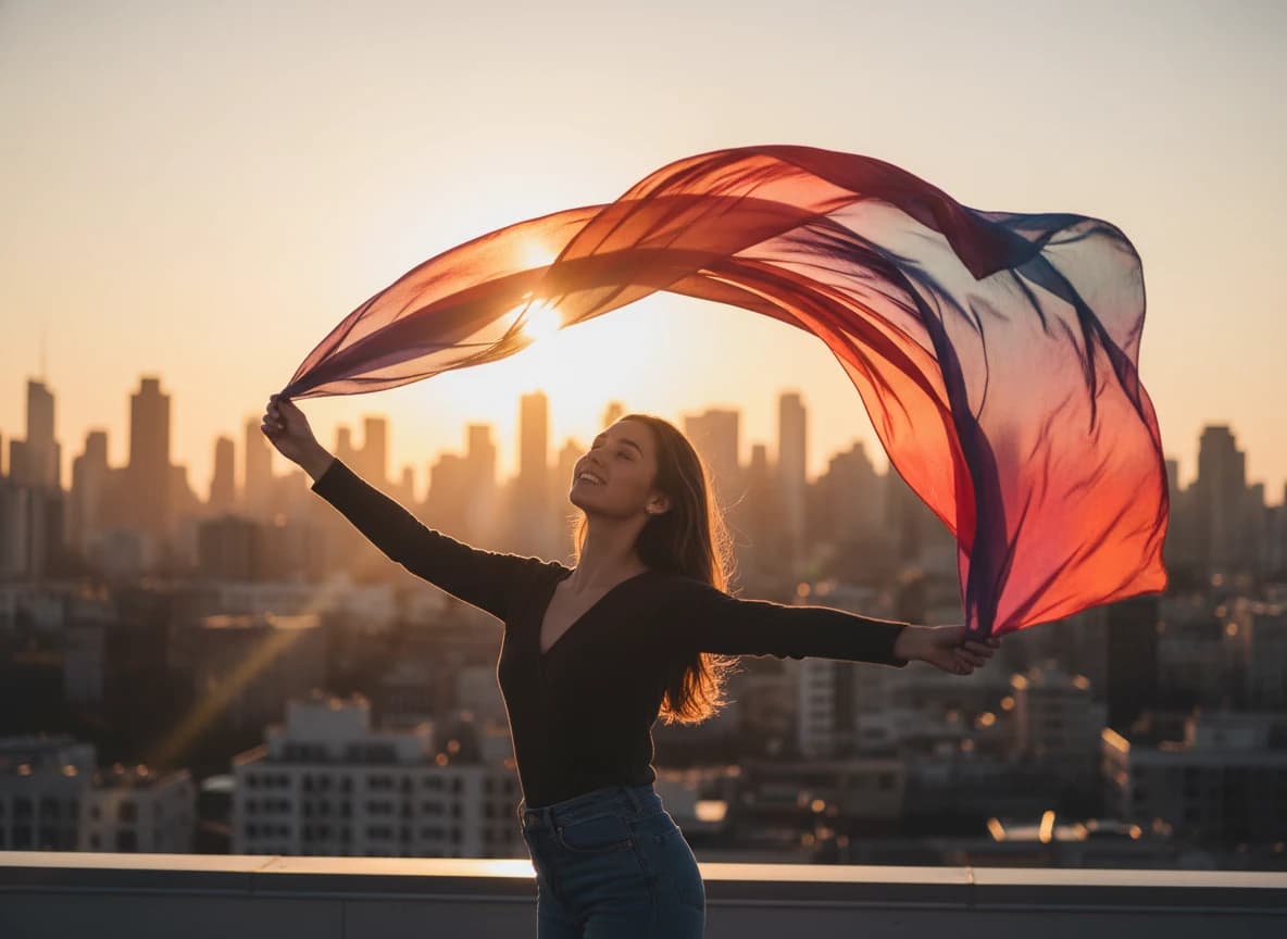 Sunset Cityscape Scarf Prompt – AI-Generated Photo Example