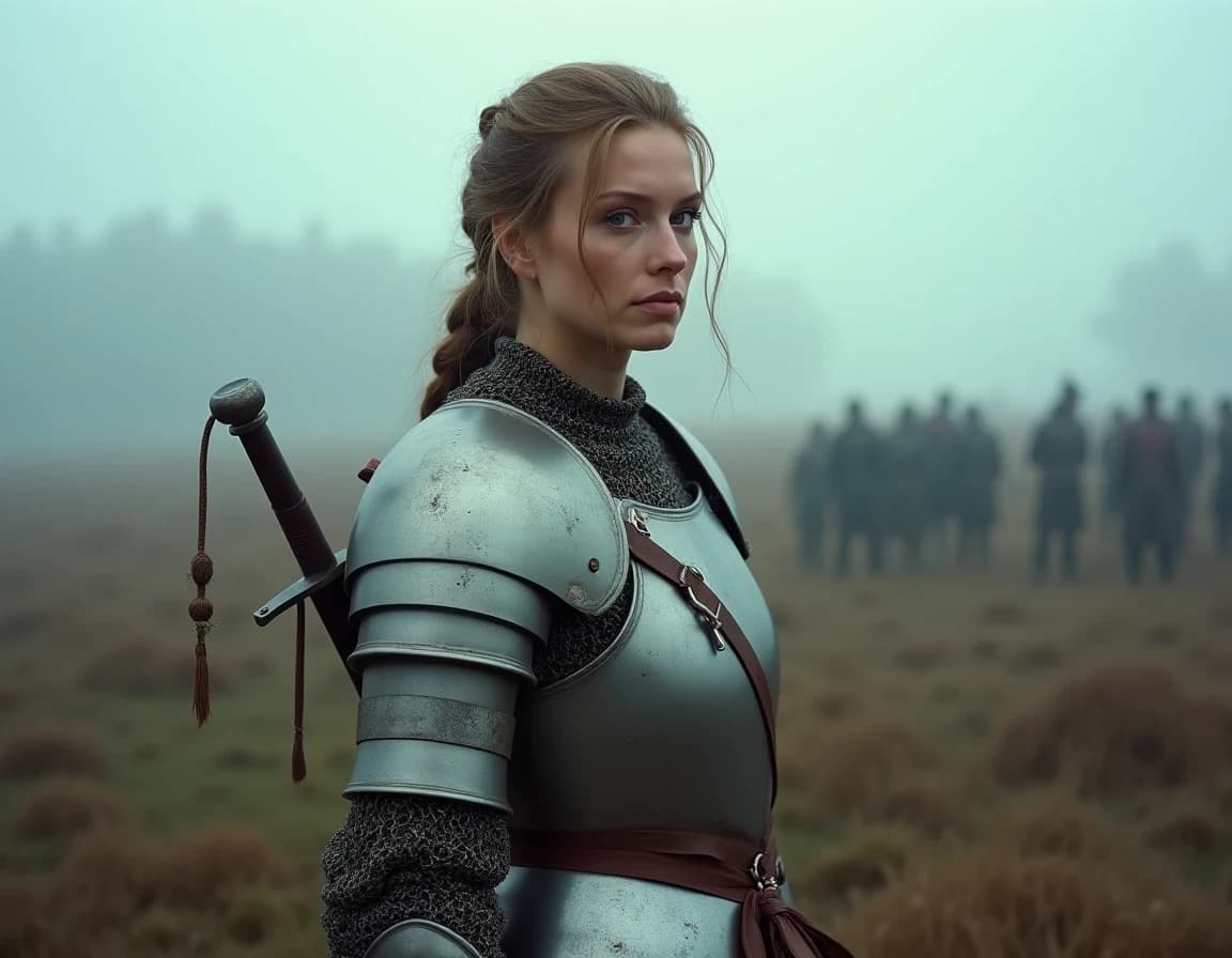 Battle-Scarred Female Warrior at Dawn — AI Image Prompt
