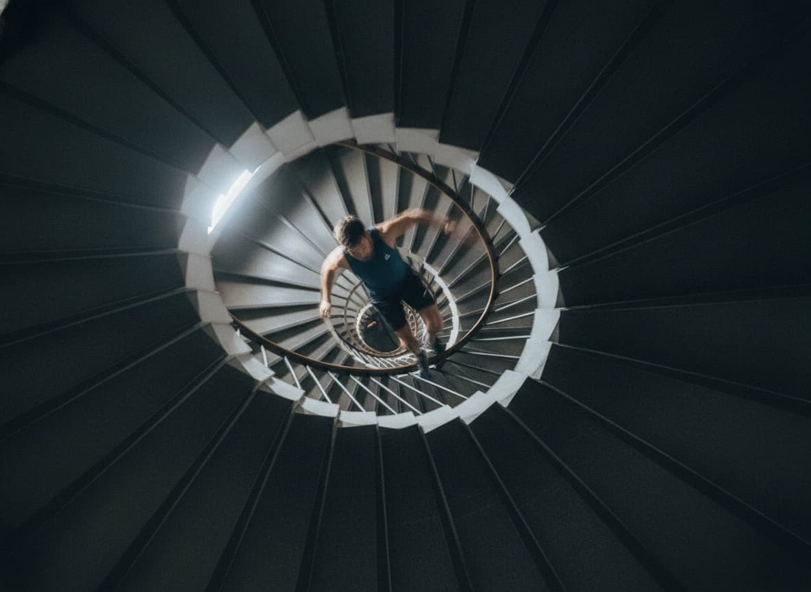 Dutch Angle Staircase Chase Scene – AI Image Prompt Example