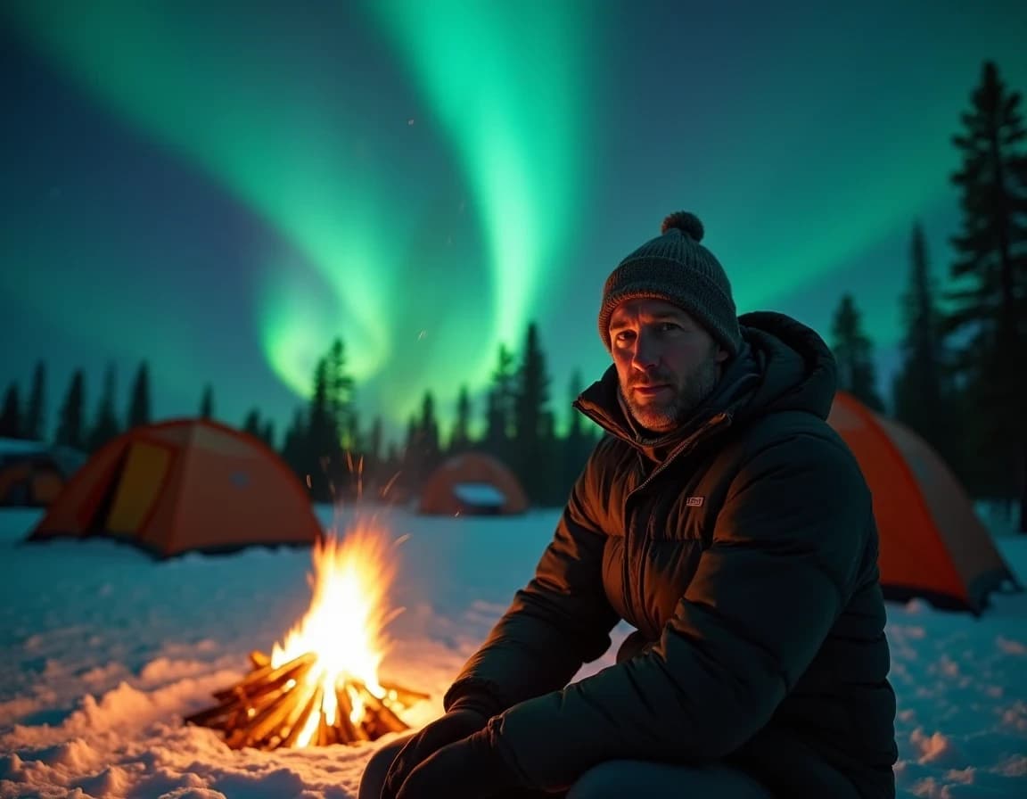 Aurora Campfire Solo Traveler – AI Photo Prompt Example